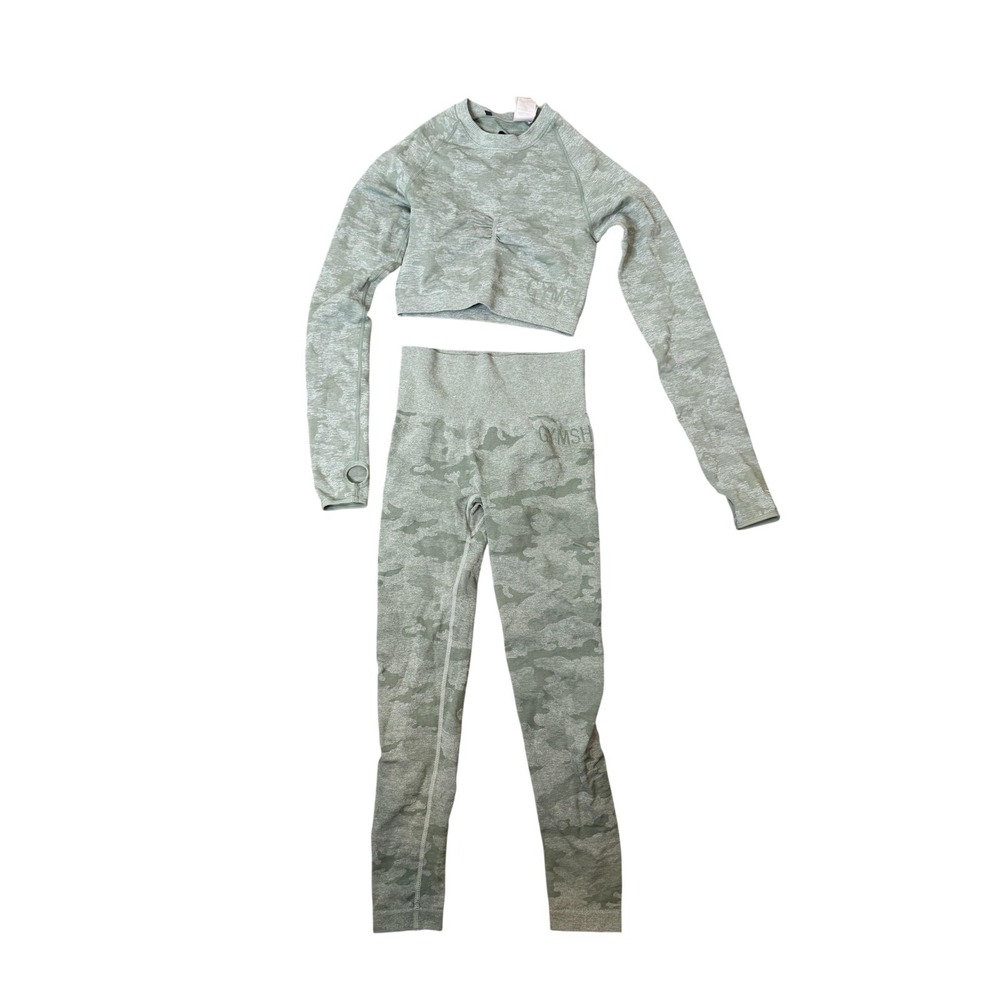 Gymshark Set Womens Small Green Camo Seamless Leggings Crop Top‎ 2 Piece Workout